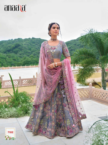 Purple And Grey Beautiful Traditional Designer Elegant Embroidery Work Cut Work Silk Lehenga - 7102